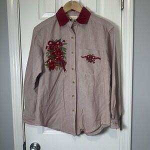 Casey & Max Red Striped Embroidered Christmas Button Down Shirt Small